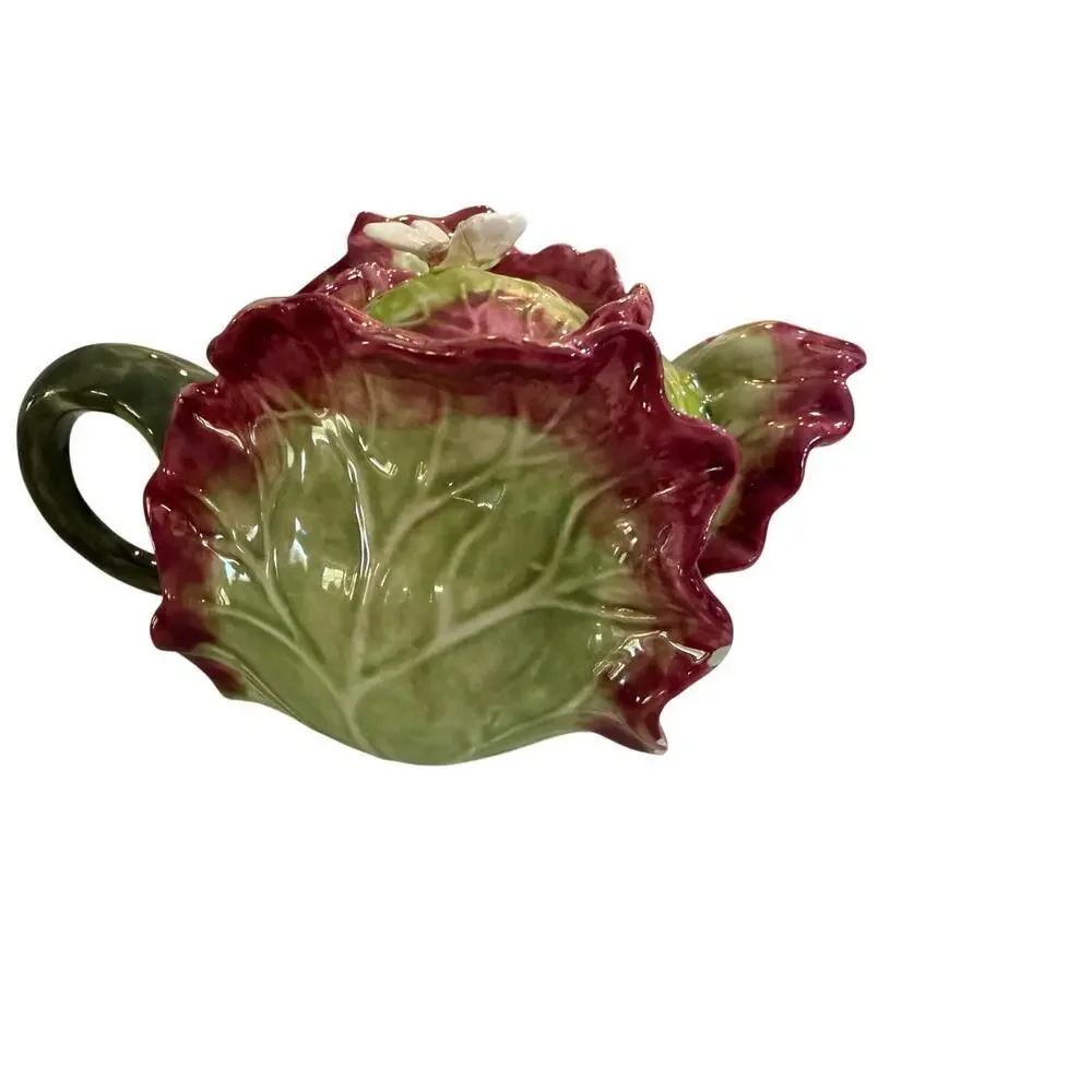 Vintage Majolica Pottery Teapot Leaf Lettuce Kale Green Red